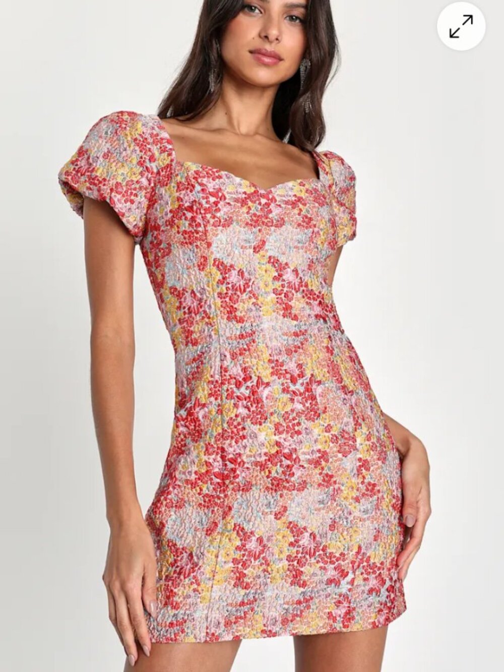 Lulus Sweetest Essence Bluch Floral Jacquard Puff Sleeve Mini Dress Size M